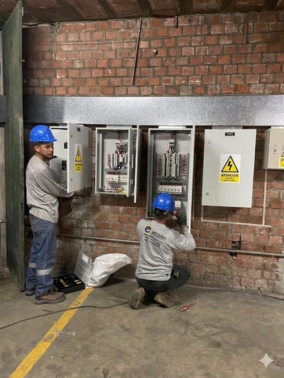 Equipo Arcring Ingenieros frente a banco de tableros eléctricos